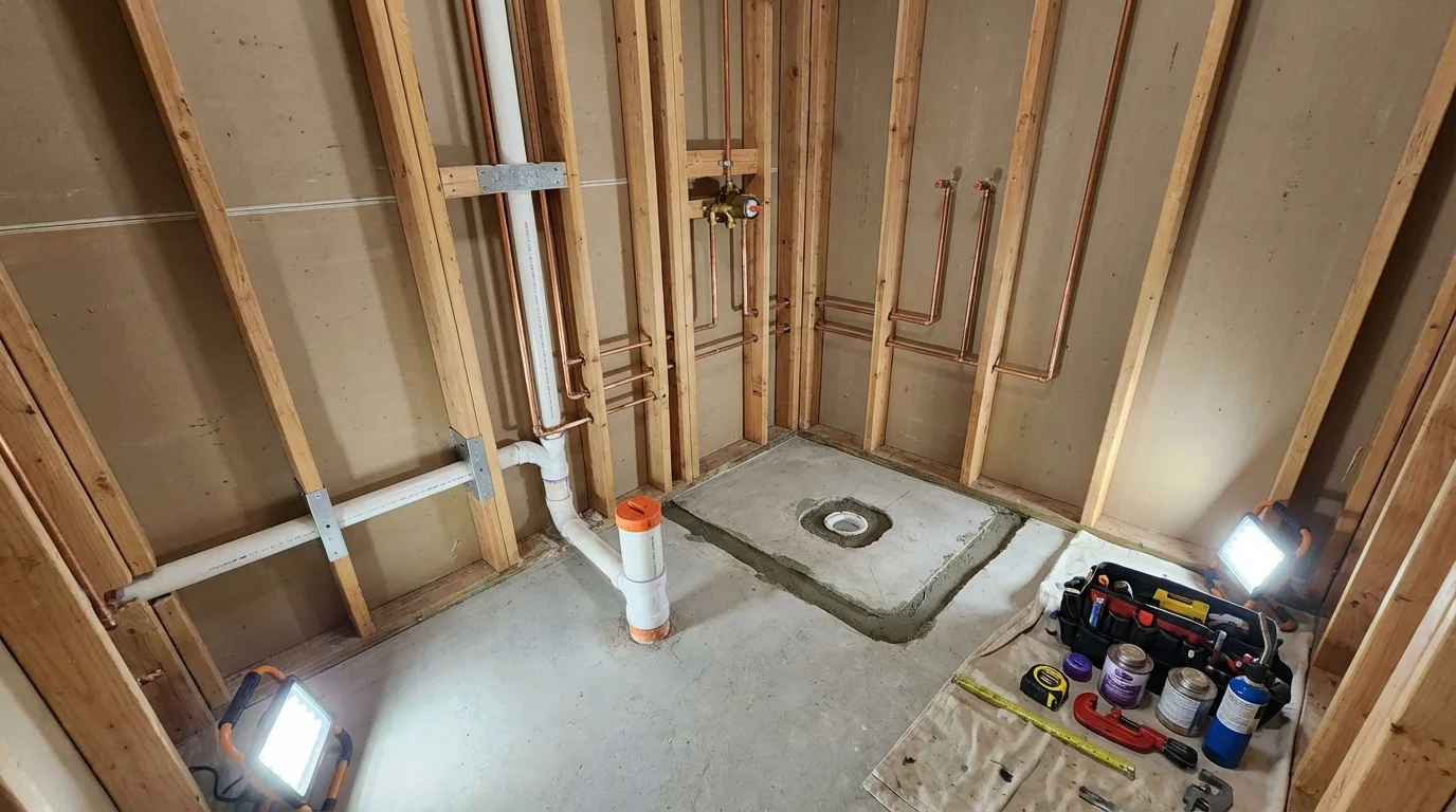 Bathroom rough-in plumbing during remodel by Johns Plumbing LLC in Abita Springs