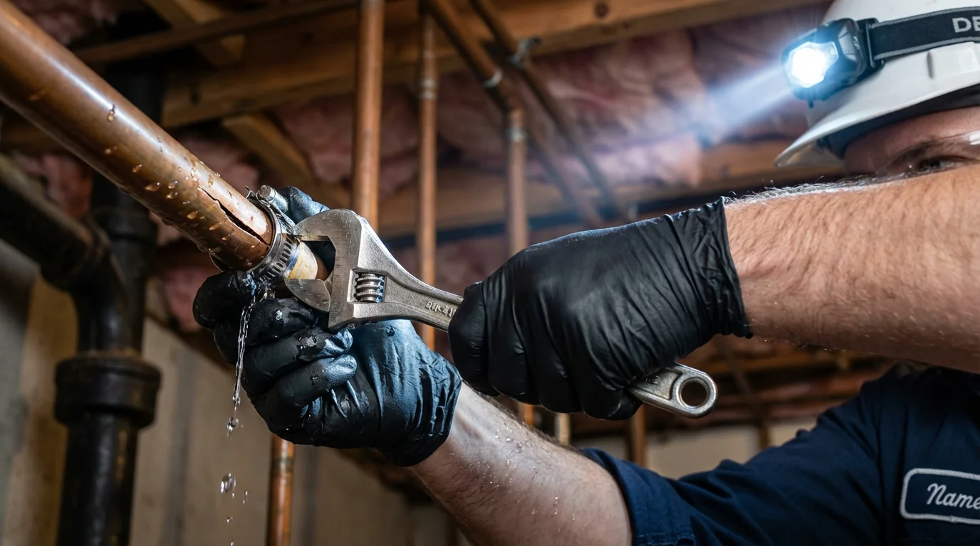 Emergency pipe clamp repair being performed by a Johns Plumbing LLC plumber in Abita Springs