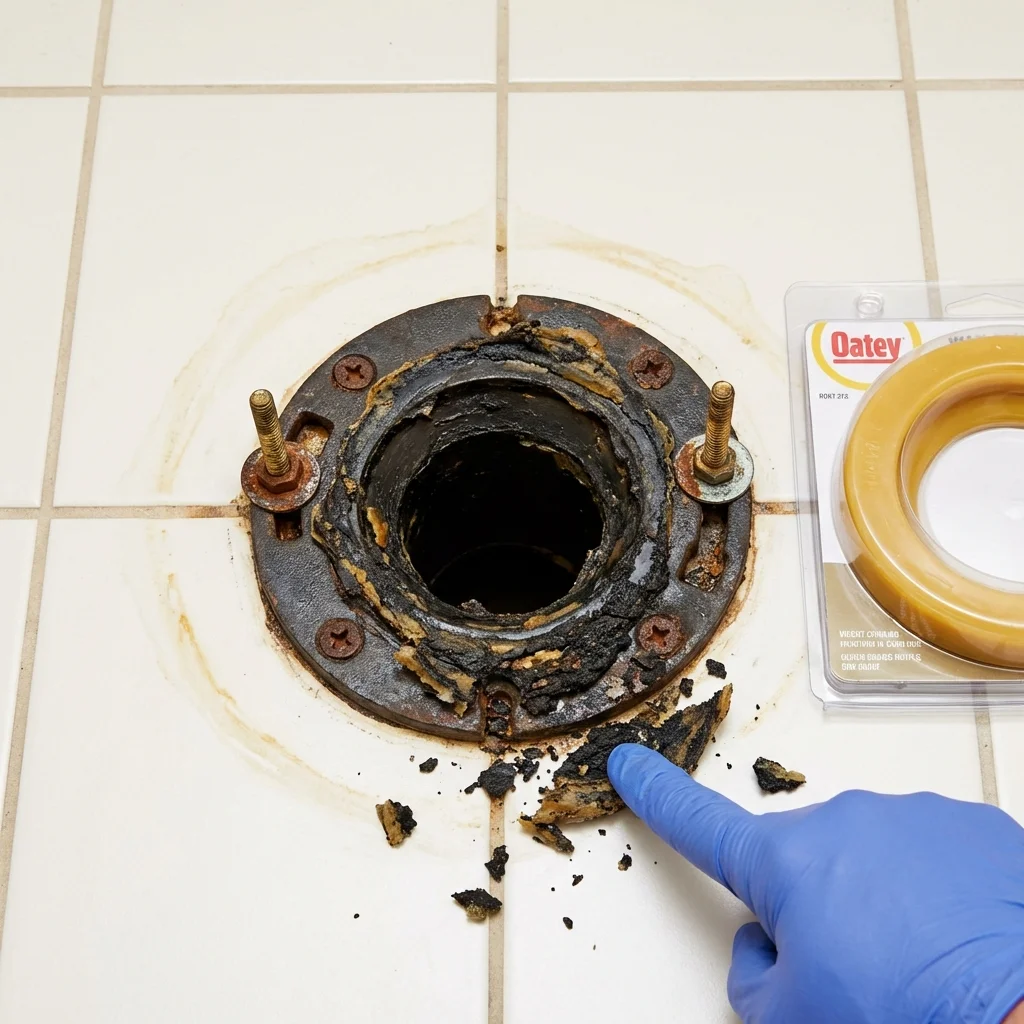 Failed wax ring showing water seepage at the base of a toilet in a Abita Springs, LA home