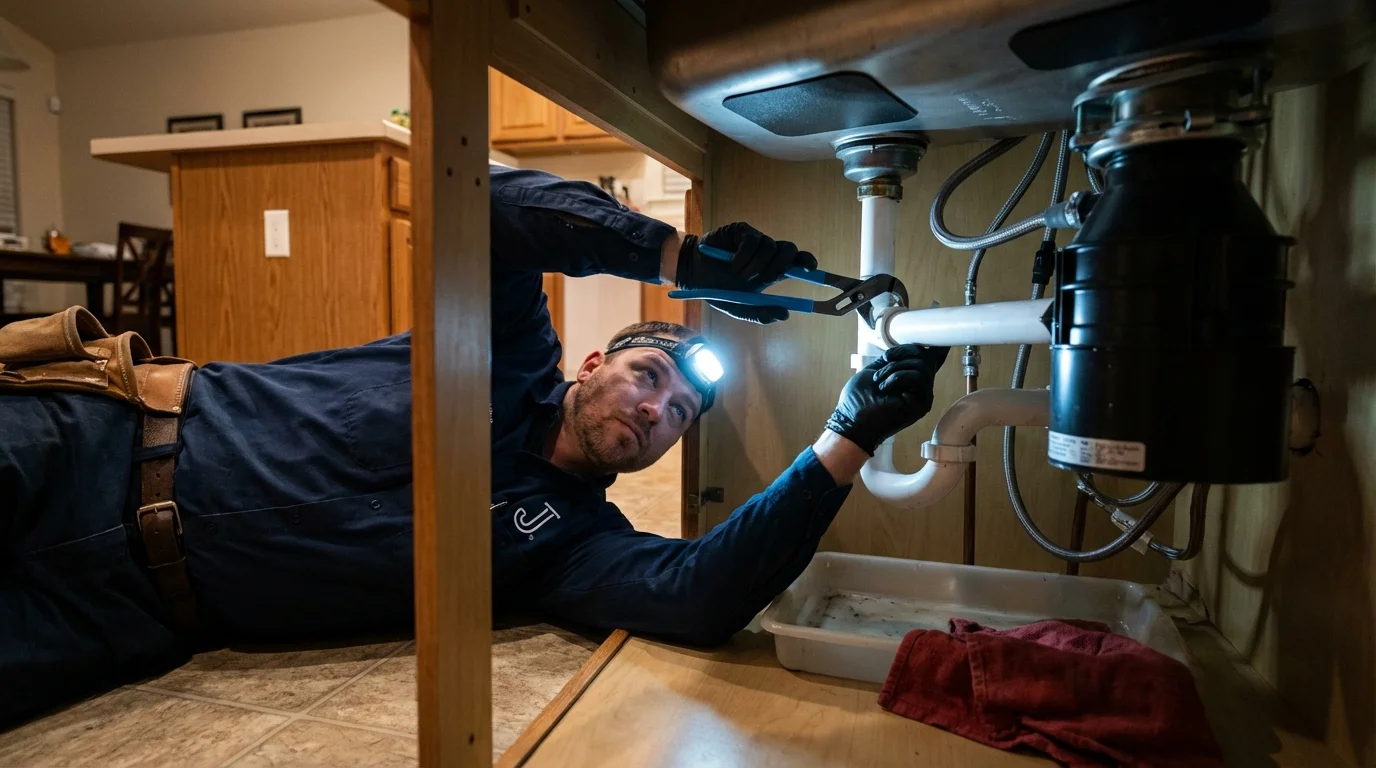 P-trap and supply line connections under a kitchen sink showing a common leak point in Abita Springs, LA
